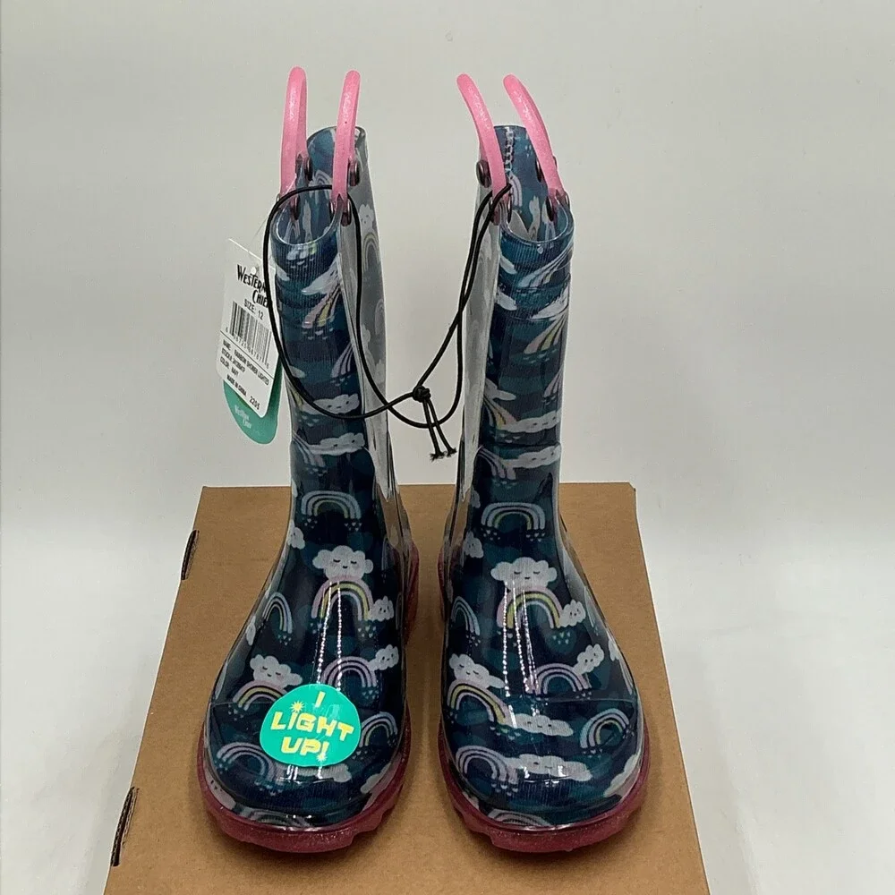 Western Chief Rainbow Shower Lighted Rain Boots Kids 12 Navy Waterproof Eby4449